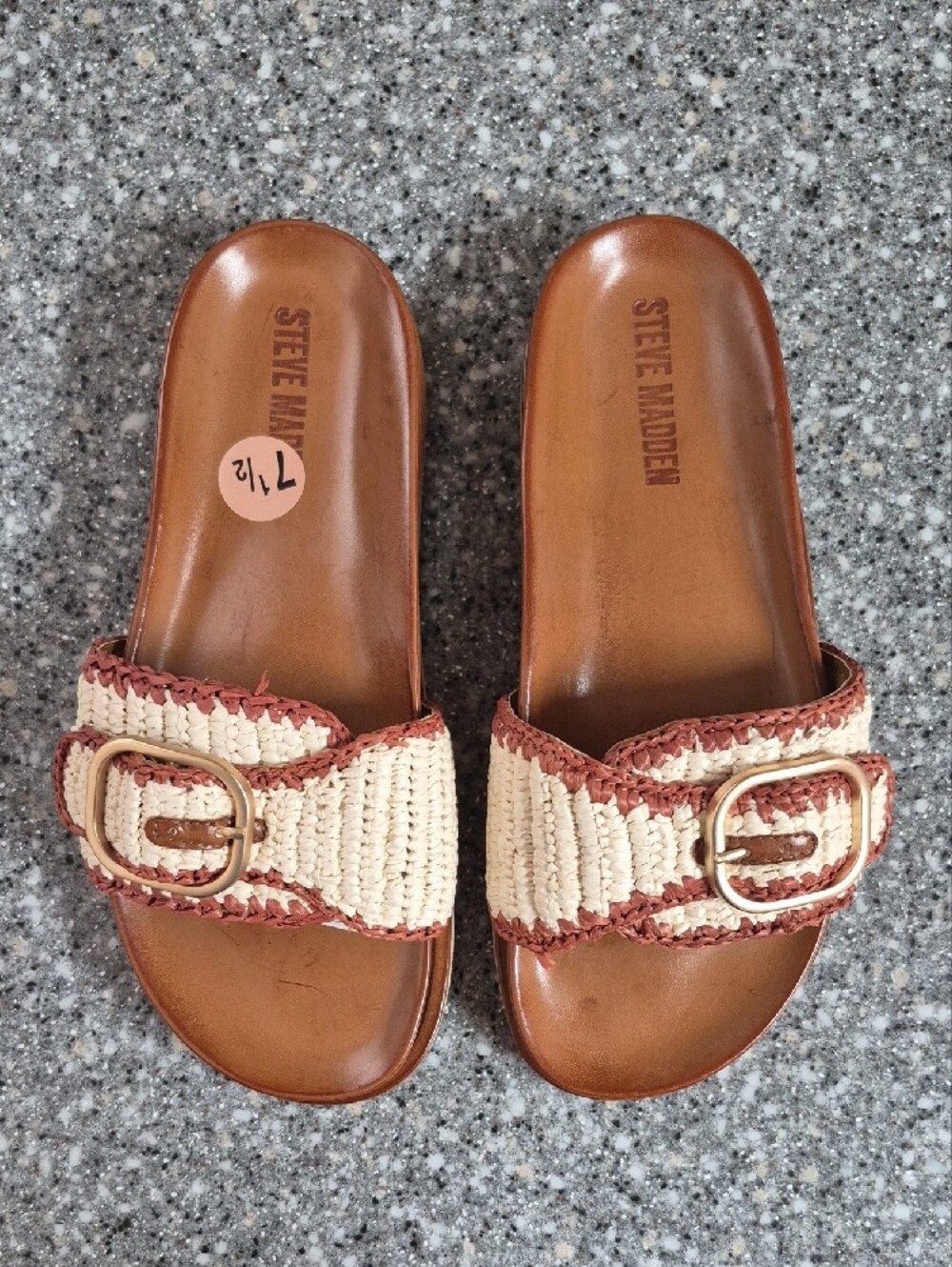 Steve Madden Woven Buckle Slide Sandals in Cream and Tan - Picture 3 of 6